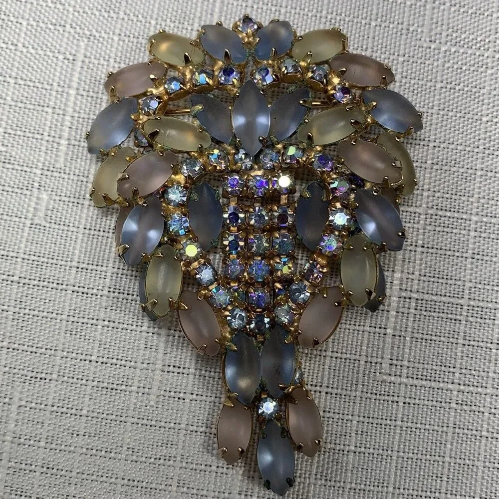 Vintage Brooch Frosted Pastel Navette AB Rhinestones Statement Layered